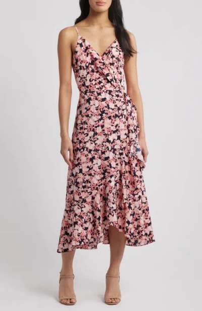 Chelsea28 Faux Wrap Midi Dress In Navy- Pink Fleur Ikat