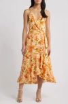 Chelsea28 Faux Wrap Midi Dress In Orange- Green Rebecca Floral