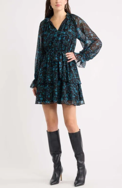 Chelsea28 Floral Chiffon Tiered Minidress In Black- Blue Floral
