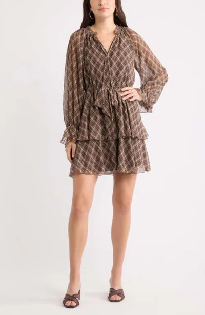 Chelsea28 Floral Chiffon Tiered Minidress In Brown Plaid