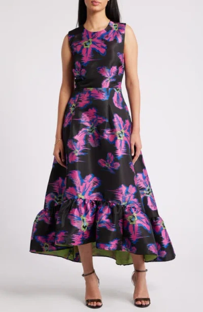 Chelsea28 Floral Jacquard A-line Dress In Black- Pink Hibiscus Jacquard