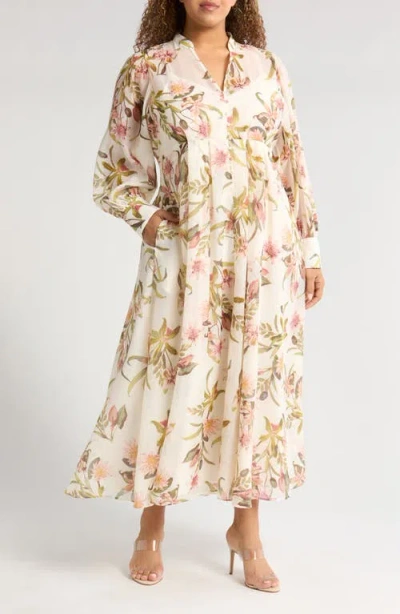 Chelsea28 Floral Long Sleeve Maxi Dress In Ivory- Pink Bohem Botanical