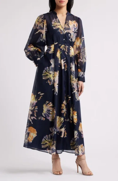 Chelsea28 Floral Long Sleeve Maxi Dress In Navy Multi Pom Floral
