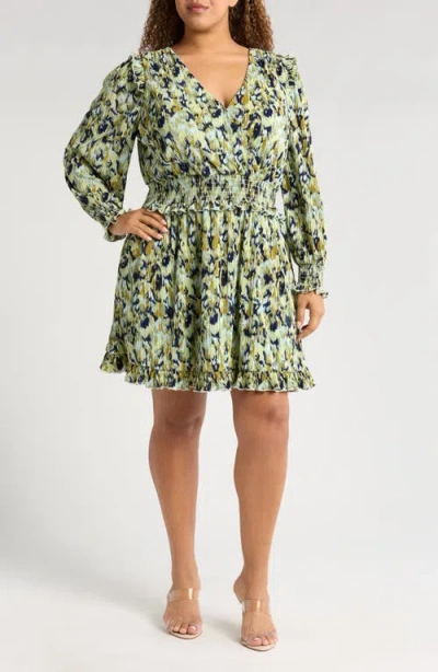 Chelsea28 Floral Long Sleeve Plissé Dress In Blue- Green Textured Floral