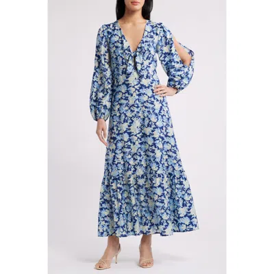 Chelsea28 Floral Long Sleeve Tie Front Maxi Dress In Blue- Green Becca Floral