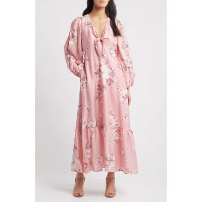 Chelsea28 Floral Long Sleeve Tie Front Maxi Dress In Pink Purple Sydney Floral