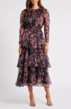Chelsea28 Floral Long Sleeve Tiered Midi Dress In Burgundy Multi
