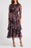 Chelsea28 Floral Long Sleeve Tiered Midi Dress In Burgundy Multi