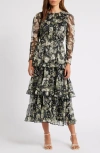 Chelsea28 Floral Long Sleeve Tiered Midi Dress In Navy- Beige Wind Floral