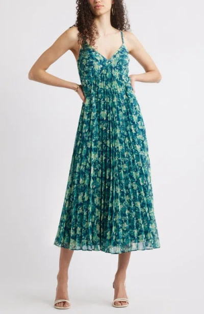 Chelsea28 Floral Pleated Sundress In Teal- Green Becca Floral