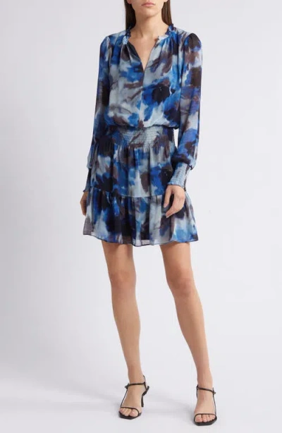 Chelsea28 Floral Print Long Sleeve Chiffon Dress In Black- Blue Watercolor