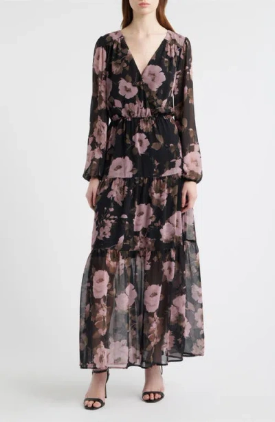 Chelsea28 Floral Print Long Sleeve Tiered Maxi Dress In Black