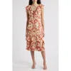 Chelsea28 Floral Print Ruffle Midi Dress In Beige- Red Ethereal Blooms