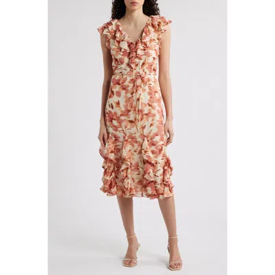Chelsea28 Floral Print Ruffle Midi Dress In Beige- Red Ethereal Blooms