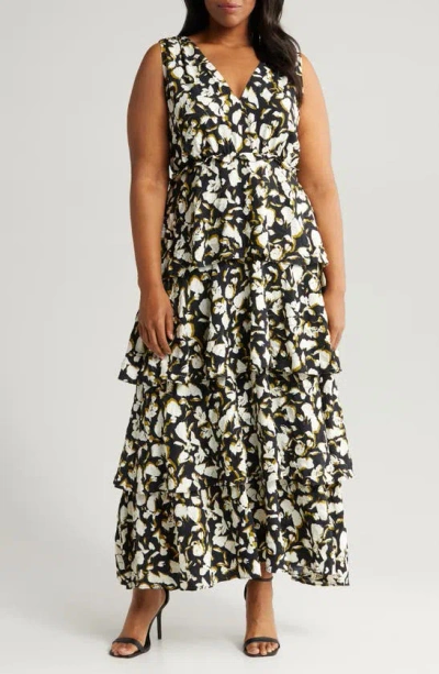 Chelsea28 Floral Print Sleeveless Tiered Ruffle Maxi Dress In Black- Ivory Shadowed Tropic