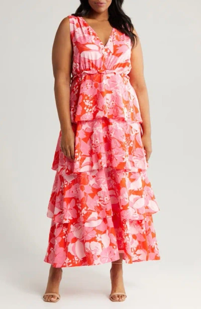 Chelsea28 Floral Print Sleeveless Tiered Ruffle Maxi Dress In Red G- Pink Sades Blooms