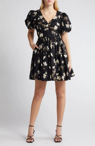 Chelsea28 Floral Puff Sleeve Cotton Dress In Black- Ivory Classic Floral