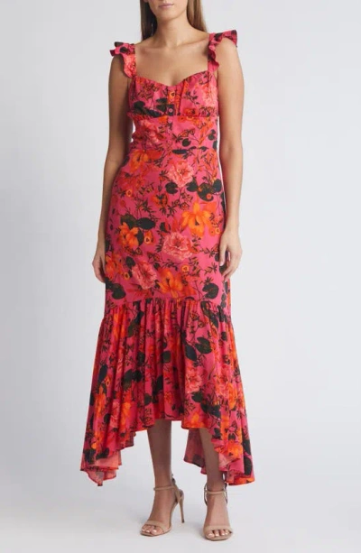 Chelsea28 Floral Ruffle Strap Handkerchief Hem Dress In Pink- Orange Fruitful Blooms