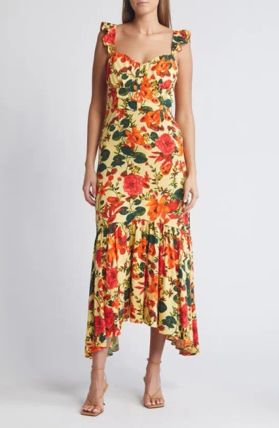 Chelsea28 Floral Ruffle Strap Handkerchief Hem Dress In Yellow- Orange Fruitful Blooms