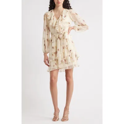 Chelsea28 Floral Ruffle Trim Long Sleeve Chiffon Minidress In Neutral