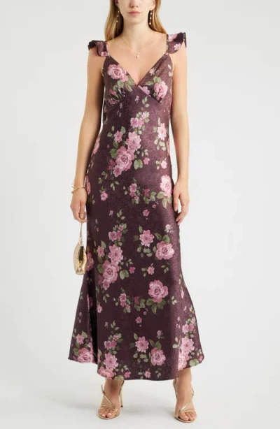 Chelsea28 Floral Satin Flutter Sleeve Maxi Dress In Multi