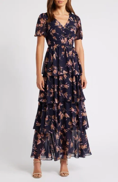 Chelsea28 Floral Tiered Chiffon Dress In Navy Tulip Dance