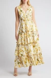 Chelsea28 Floral Tiered Maxi Dress In Green S- Yellow Keys Abstract