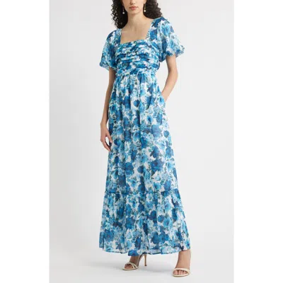Chelsea28 Floral Tiered Puff Sleeve Maxi Dress In Blue