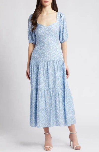 Chelsea28 Floral Tiered Puff Sleeve Maxi Dress In Blue Floral
