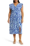 Chelsea28 Flutter Plissé Midi Dress In Blue Marmara Fade Floral
