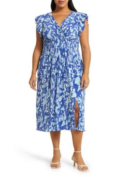 Chelsea28 Flutter Plissé Midi Dress In Blue Marmara Fade Floral