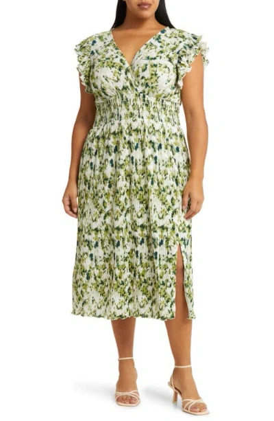 Chelsea28 Flutter Plissé Midi Dress In Green- Ivory Artful Petals