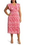 Chelsea28 Flutter Sleeve Plissé Midi Dress In Pink- Red Artful Petals