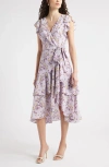 Chelsea28 Flutter Sleeve Faux Wrap Midi Dress In Purple
