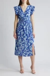 Chelsea28 Flutter Sleeve Plissé Midi Dress In Blue Marmara Fade Floral