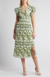 Chelsea28 Flutter Sleeve Plissé Midi Dress In Green- Ivory Artful Petals