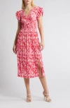 Chelsea28 Flutter Sleeve Plissé Midi Dress In Pink- Red Artful Petals