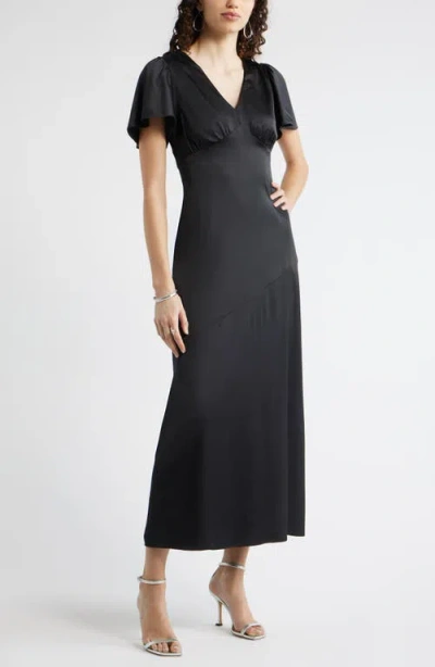 Chelsea28 Flutter Sleeve Satin Maxi Dress In Black