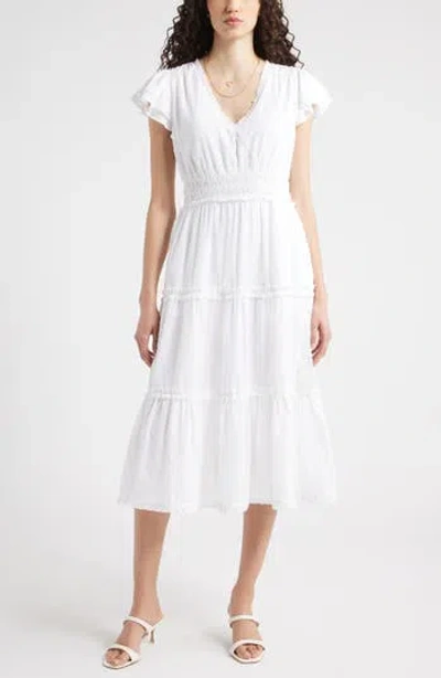 CHELSEA28 CHELSEA28 FLUTTER SLEEVE TIERED COTTON MIDI SUNDRESS