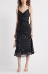 Chelsea28 Gathered V-neck Midi Dress In Black- Ivory Confetti Dot
