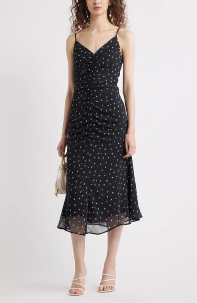 Chelsea28 Gathered V-neck Midi Dress In Black- Ivory Confetti Dot