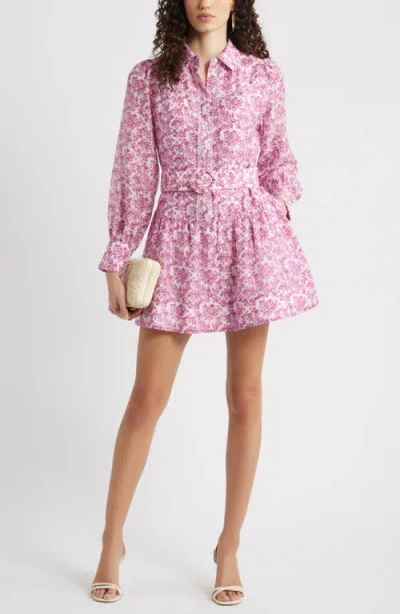 Chelsea28 Lace Trim Belted Long Sleeve Mini Shirtdress In Pink