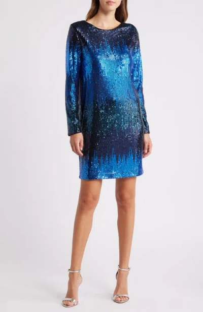 Chelsea28 Long Sleeve Sequin Cocktail Minidress In Blue Multi Stripe