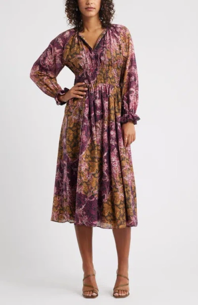 Chelsea28 Long Sleeve Smocked Waist Midi Dress In Purple
