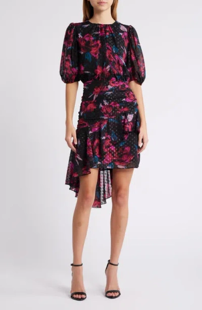 Chelsea28 Metallic Clip Dot Asymmetric Dress In Black Tia Floral