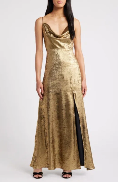 slim fit dress slacks Gold Satin Cowl Neck Midi Dress by Chloe Lewis