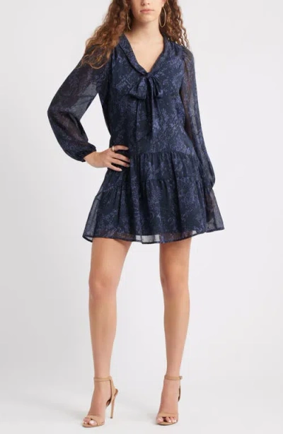 Chelsea28 Metallic Tie Neck Long Sleeve Tiered Dress In Blue