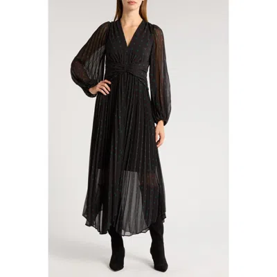 Chelsea28 Pleated Long Sleeve Chiffon Dress In Black- Green Medi Dot