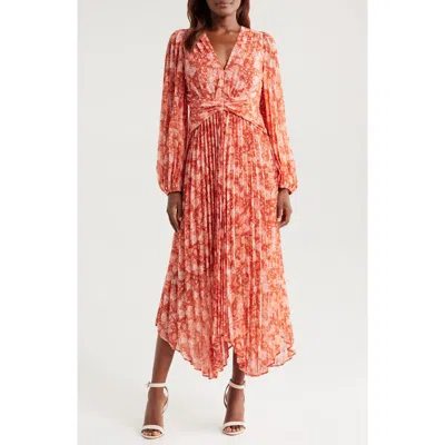 Chelsea28 Pleated Long Sleeve Chiffon Dress In Rust- Pink Wind Floral