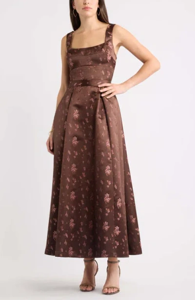 Chelsea28 Pleated Seamed Bodice Jacquard Maxi Cocktail Dress In Brown